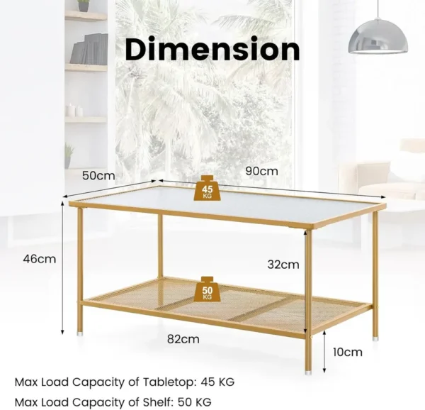 Couchtisch Glas, Glastisch mit 2 Ebenen, Wohnzimmertisch mit Netzregal und Oberfläche aus Hartglas